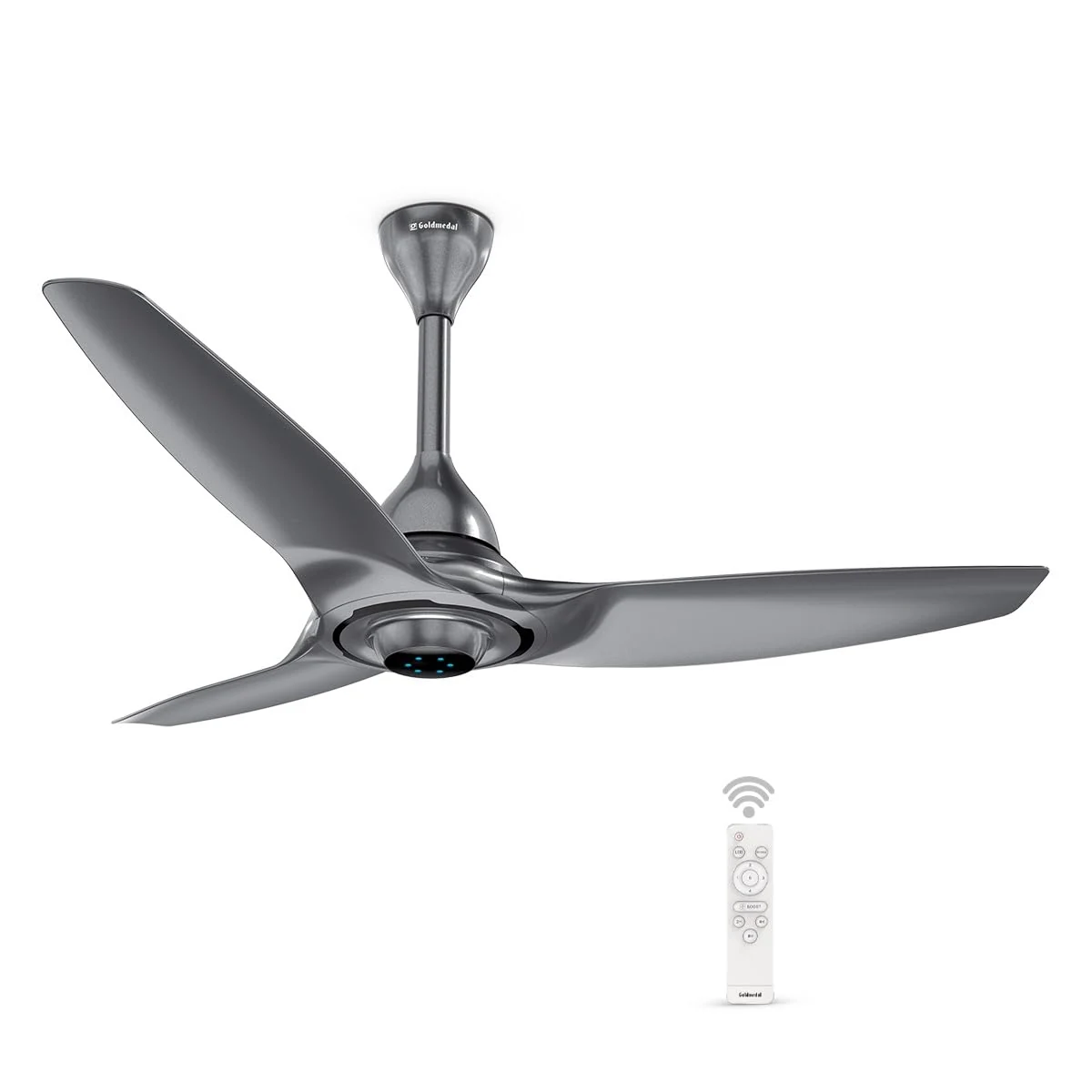 Hush Flo BLDC ceiling fan in Slate Grey, full view with remote
