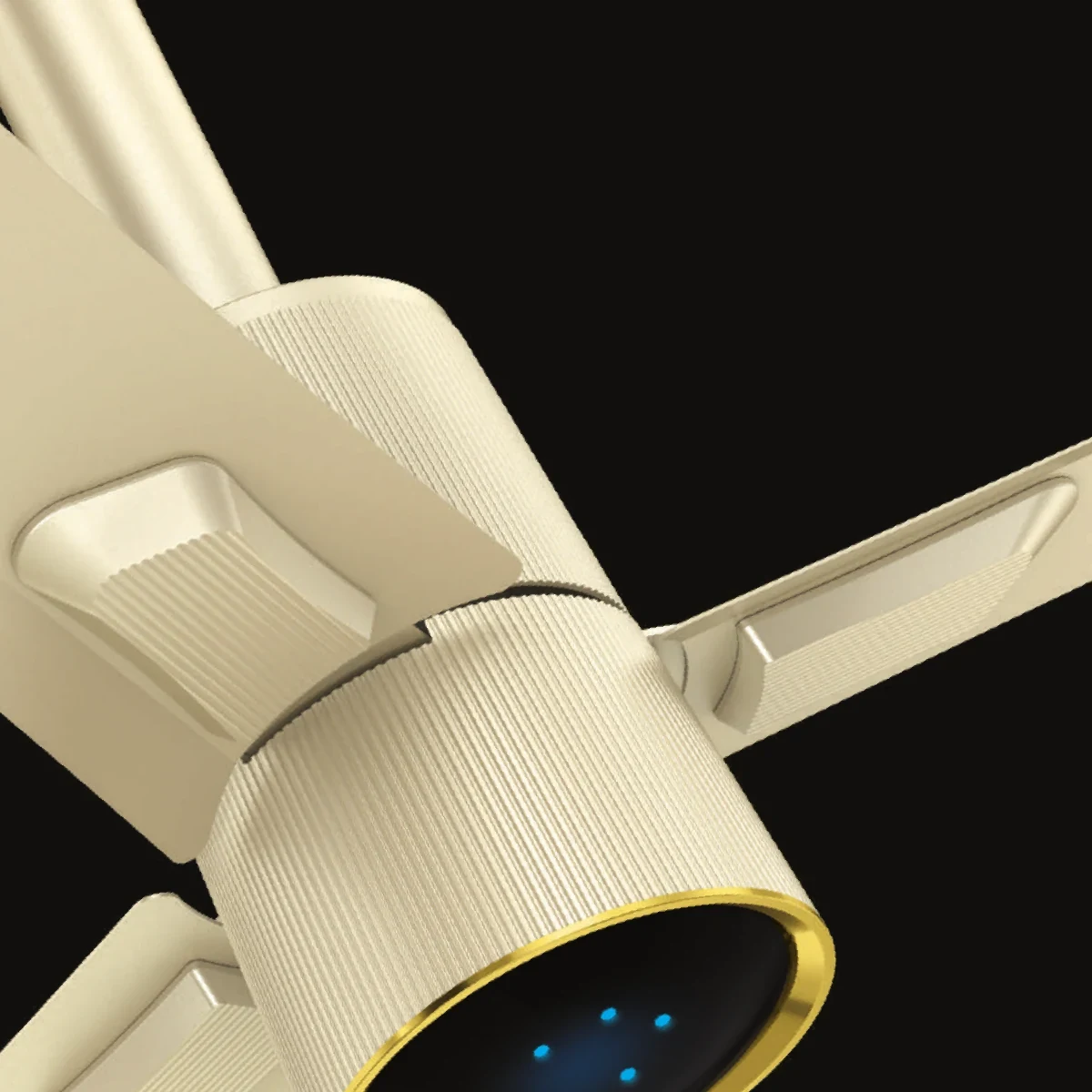 Hush Flo BLDC ceiling fan — ivory finish arm and motor close-up on a dark studio background